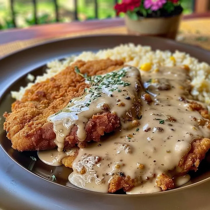 Delicious classic chicken fried steak served with creamy gravy