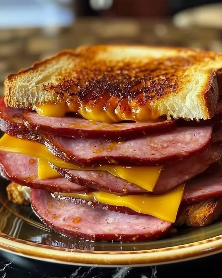 Classic fried bologna sandwich served with mustard and pickles