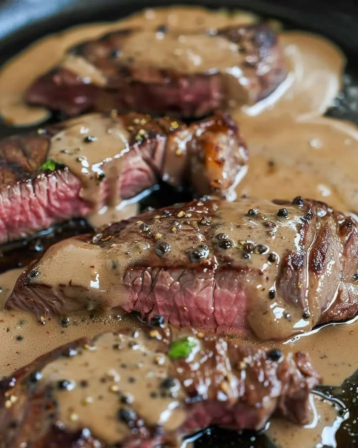 Delicious Classic Peppercorn Steak served with sauce and sides