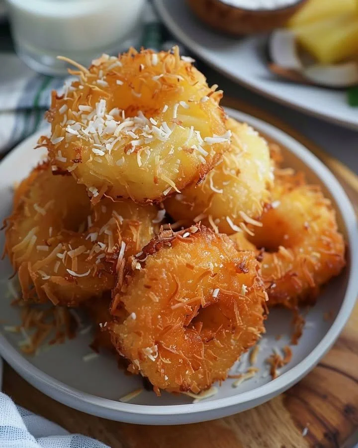 Delicious Coconut Pineapple Fritters served with a tropical dipping sauce