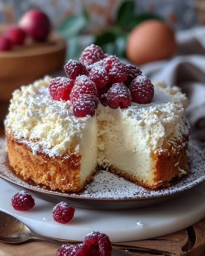 Delicious slice of Coconut Ricotta Cream Cake topped with shredded coconut.
