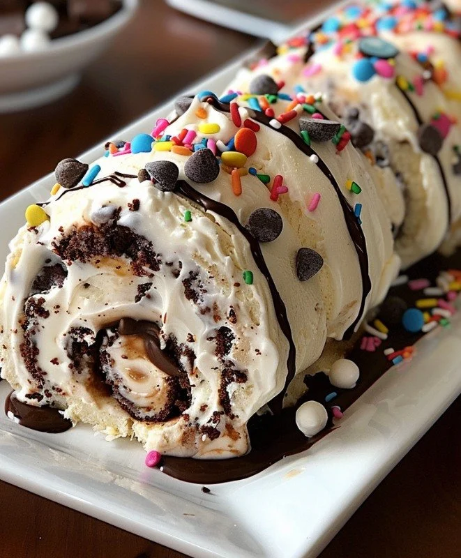 Delicious cookie dough ice cream cake rolls topped with chocolate chips and whipped cream