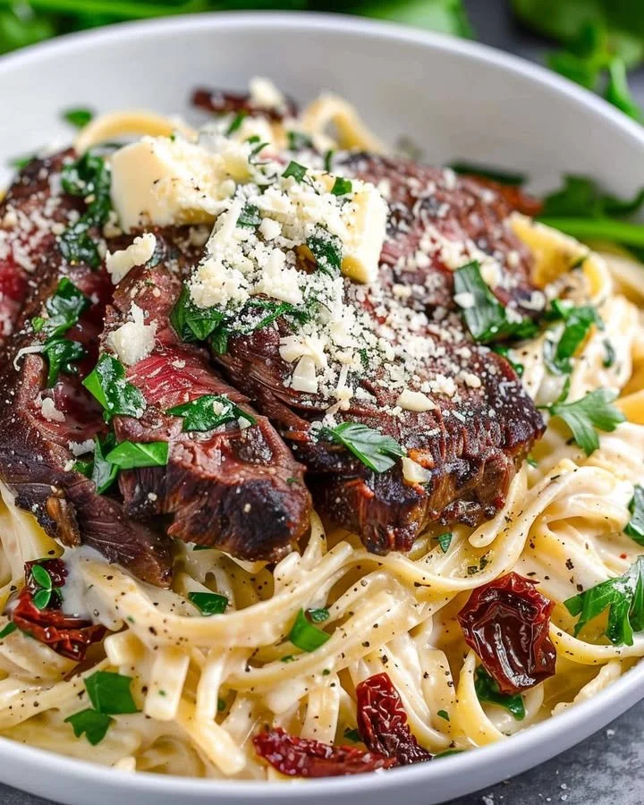 Delicious Copycat Steak Gorgonzola Alfredo served with tender steak and creamy sauce.