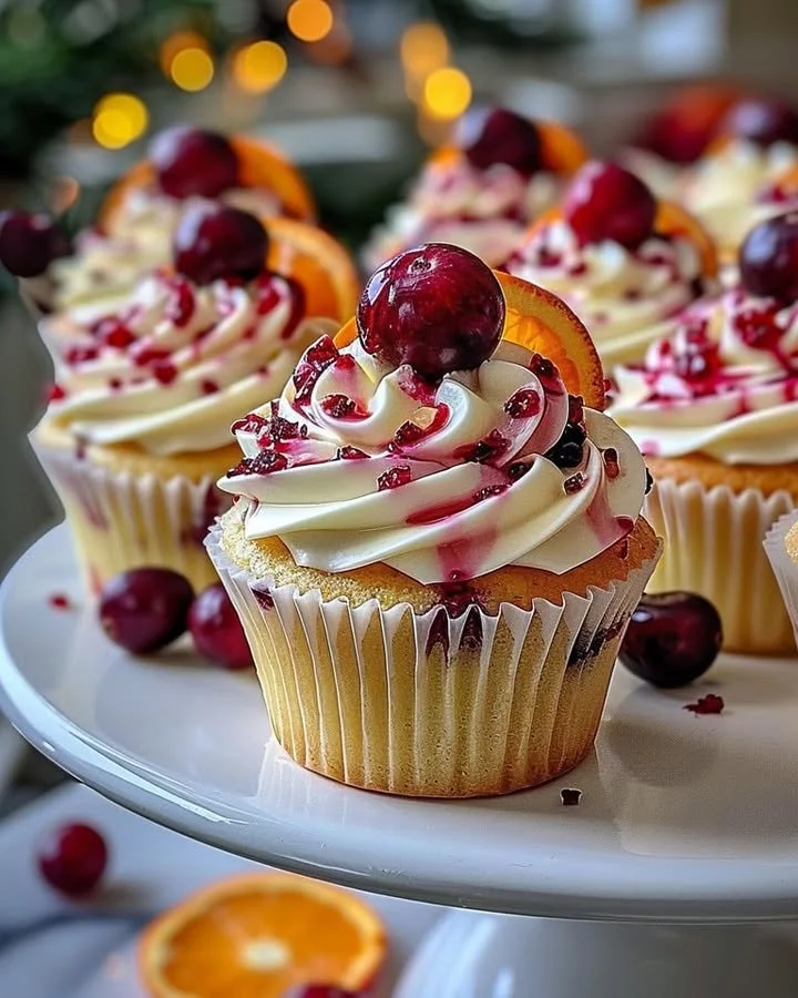 Cranberry Orange Cupcakes topped with white chocolate and fresh cranberries.