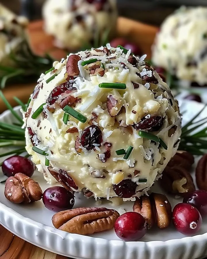 Cranberry Pecan Cheese Ball served on a platter with crackers and nuts