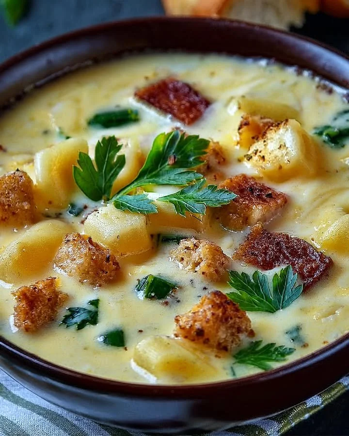 Bowl of creamy Alfredo lasagna soup topped with herbs and cheese