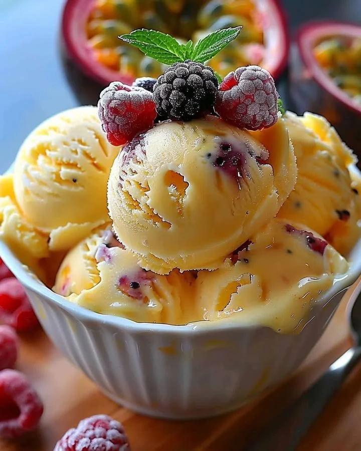Creamy and refreshing passion fruit ice cream served in a bowl with tropical fruits.