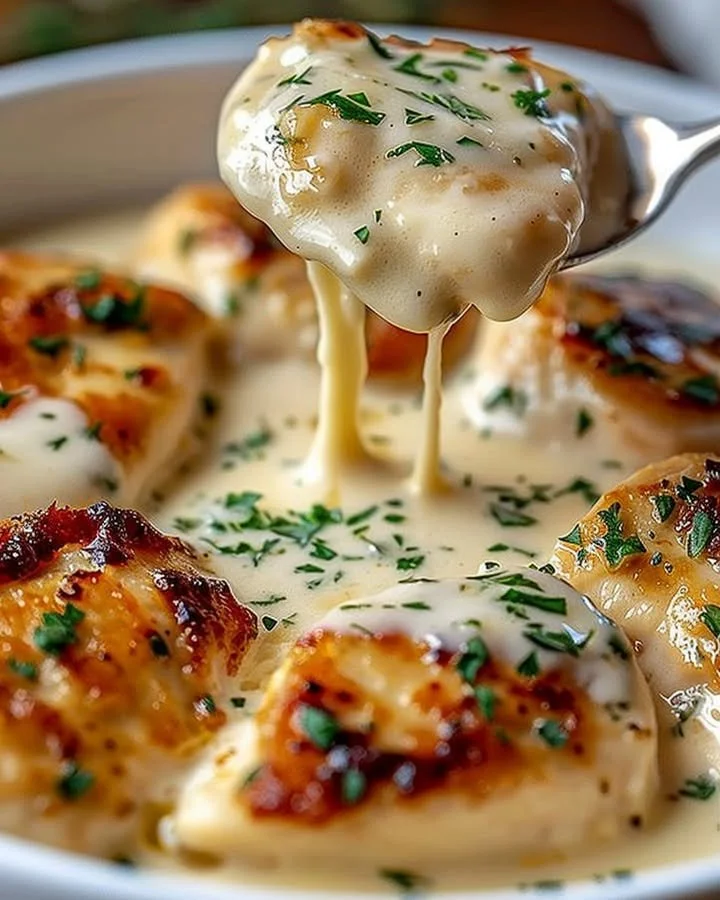 Creamy Asiago Chicken served with herbs and spices