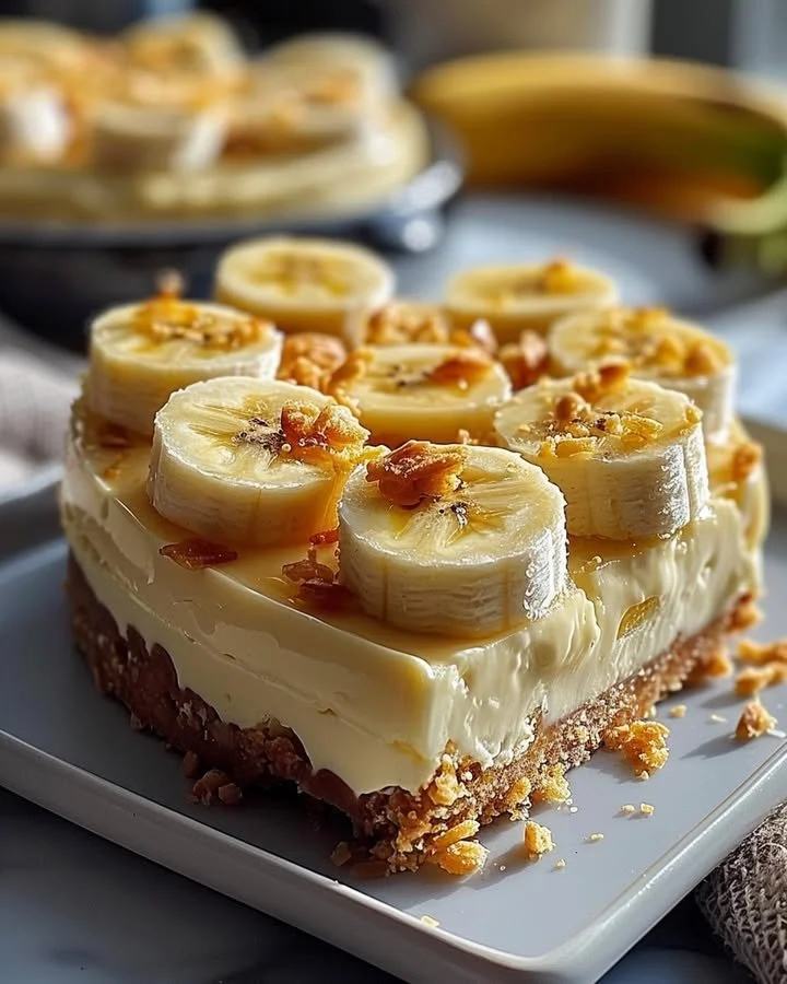 Delicious creamy banana cheesecake slice on a white plate