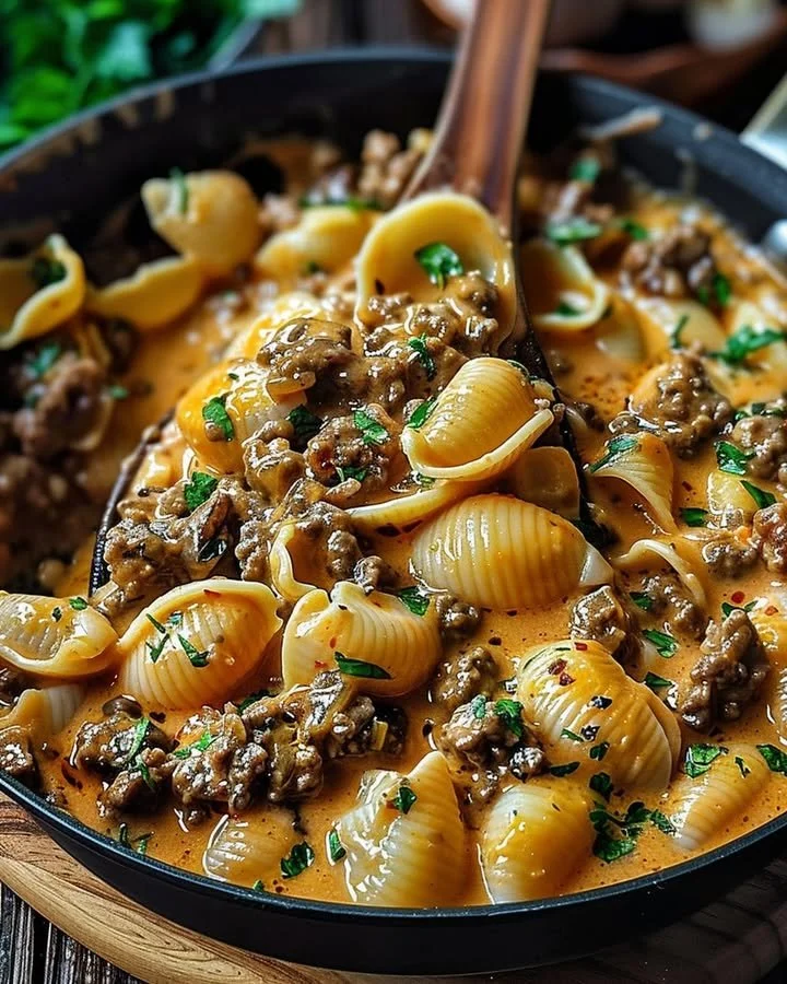 Creamy beef shells casserole with pasta and cheese
