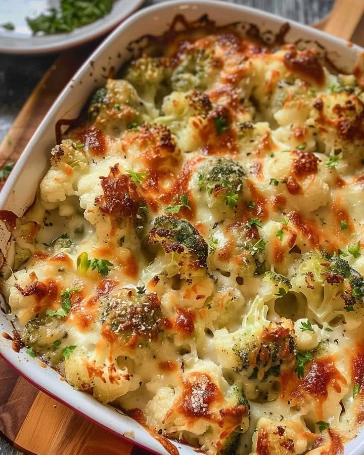 Creamy broccoli-cauliflower bake dish with cheese and herbs