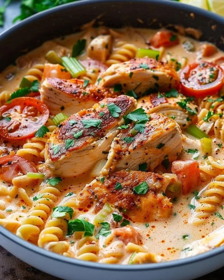 Creamy Cajun chicken pasta with colorful vegetables in a bowl