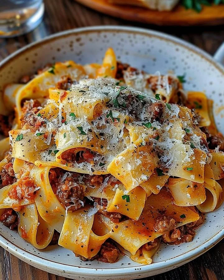Creamy Calabrian chili pappardelle with sausage and fennel in a bowl