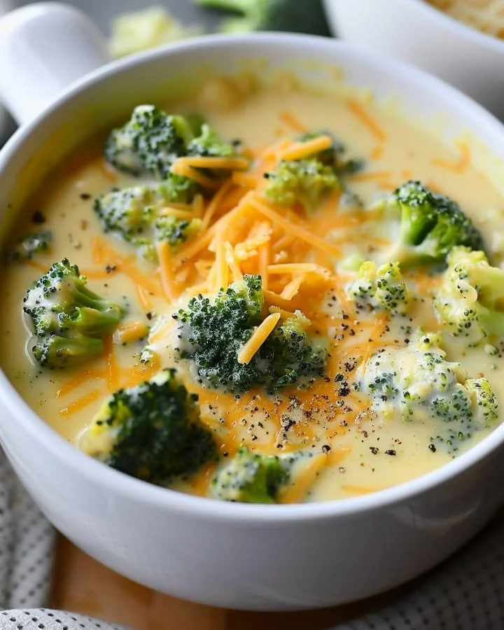 Creamy cheddar broccoli soup served in a bowl with fresh broccoli on top.