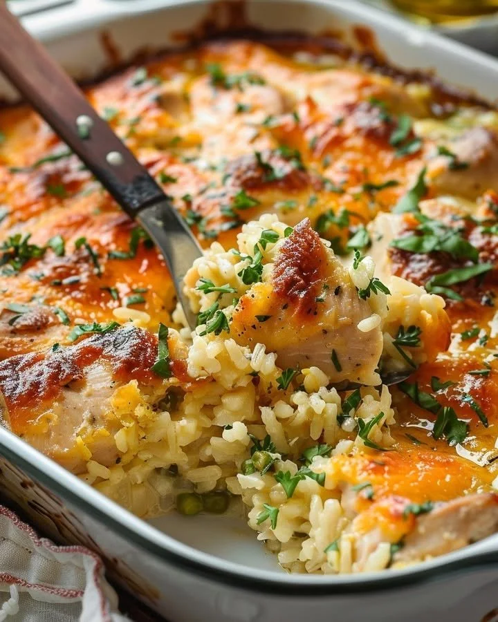Creamy chicken and rice bake topped with herbs in a dish
