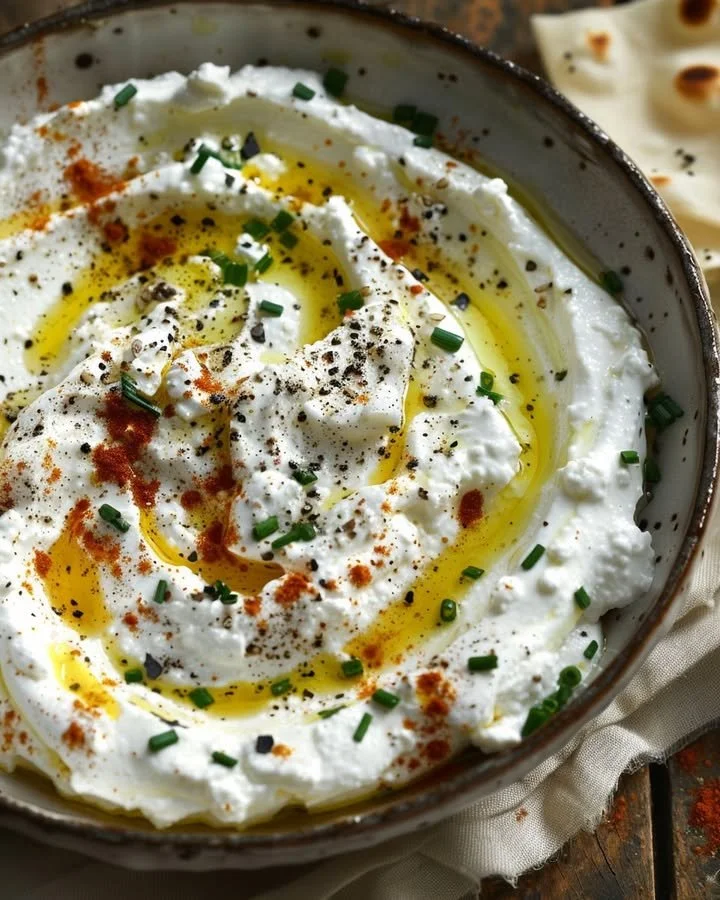 Creamy feta ricotta dip garnished with spicy honey drizzle in a bowl