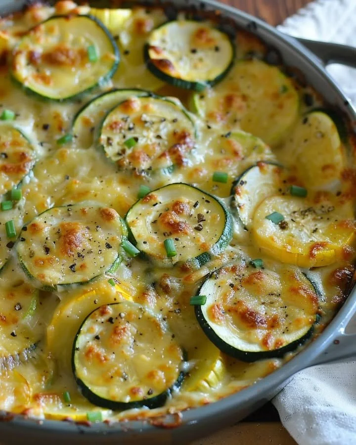 Creamy Gouda and veggie bake served in a dish, garnished with herbs.