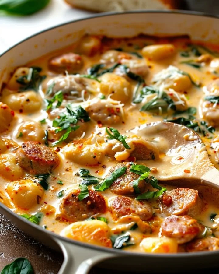 Creamy Italian sausage gnocchi with spinach in a bowl