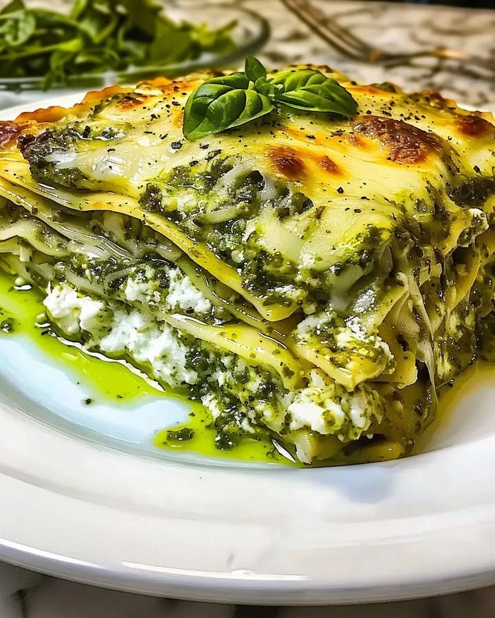 Creamy pesto lasagna layered with rich ricotta cheese and vibrant pesto sauce.