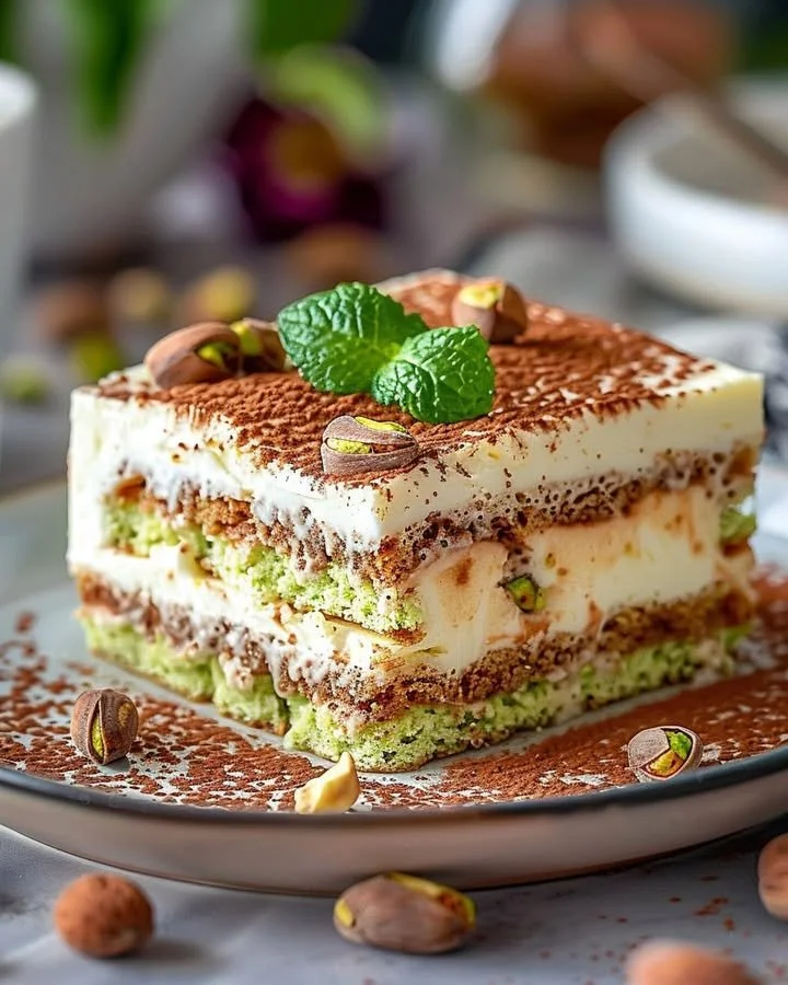 Creamy pistachio tiramisu dessert with a nutty topping.