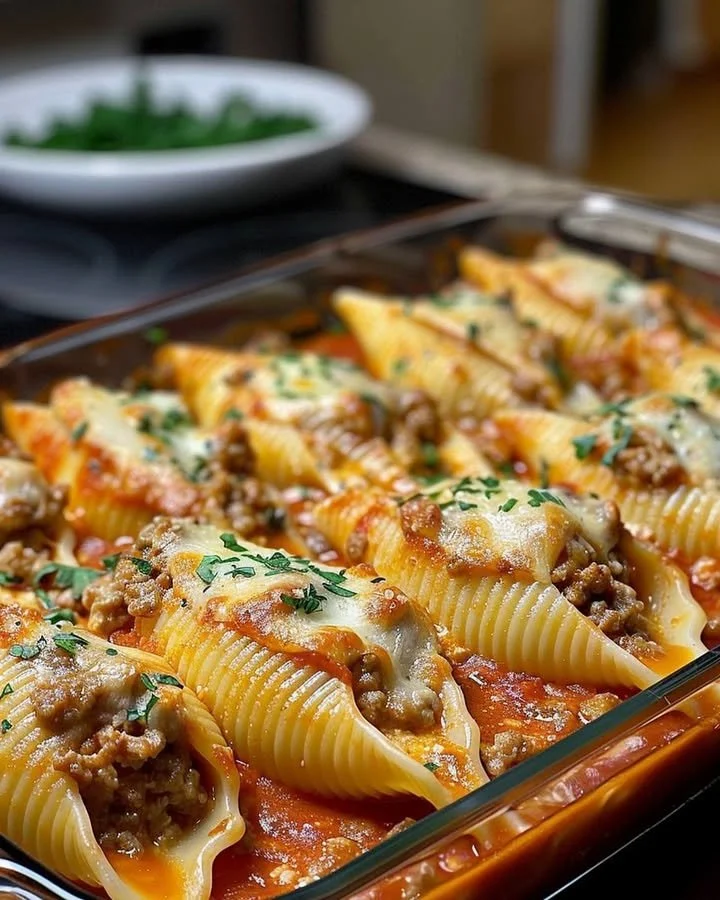 Creamy ricotta beef stuffed shells pasta dish ready to serve