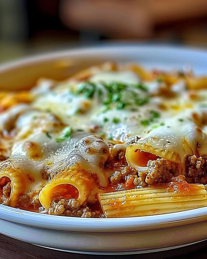 Plate of creamy ricotta beef stuffed shells pasta garnished with parsley