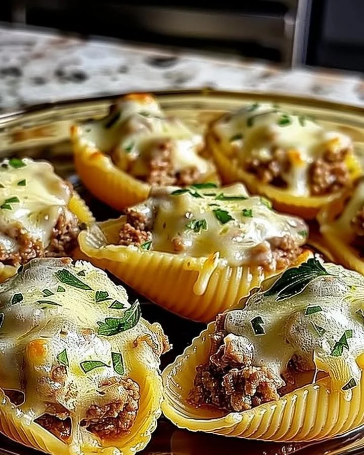 Creamy ricotta beef stuffed shells pasta served on a plate with fresh herbs