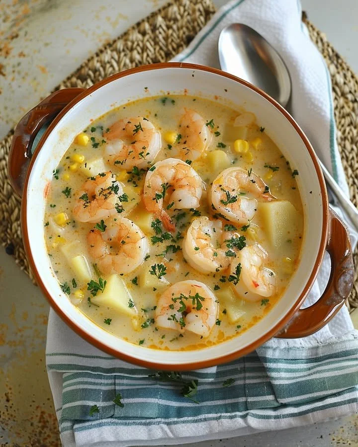Bowl of creamy shrimp and potato chowder garnished with herbs and spices.