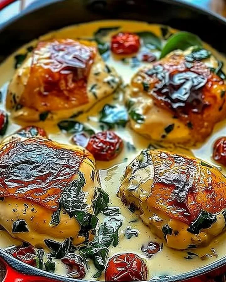 Delicious creamy Tuscan chicken thighs cooked in one pan