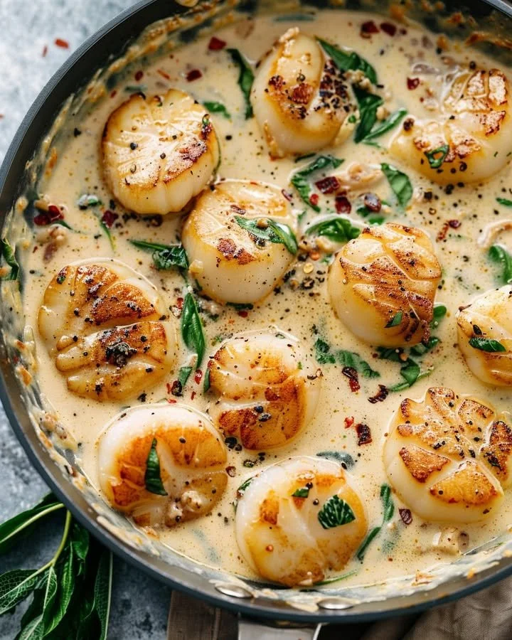 Creamy Tuscan garlic scallops served on a plate with herbs and lemon