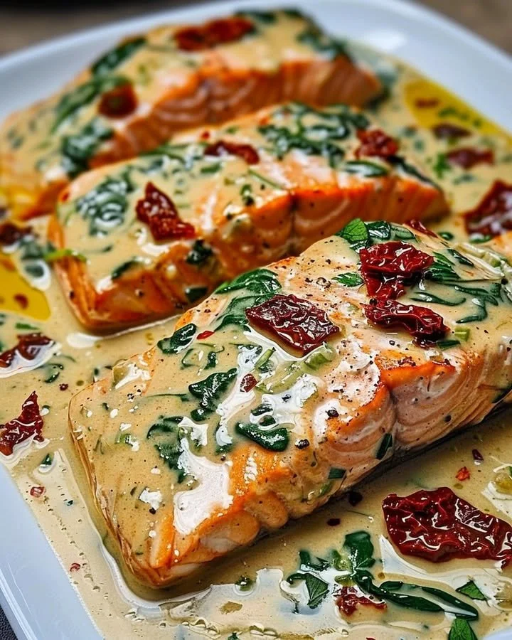 Plate of creamy Tuscan salmon garnished with herbs and vegetables