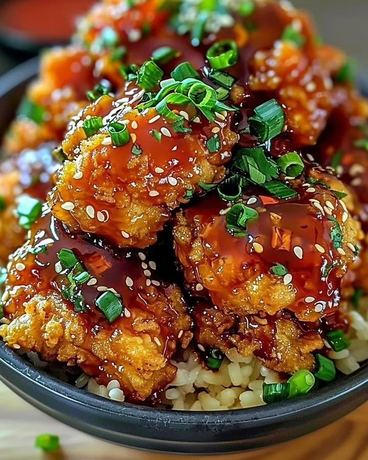 Crispy Bang Bang Chicken served with spicy sauce and garnished with green onions