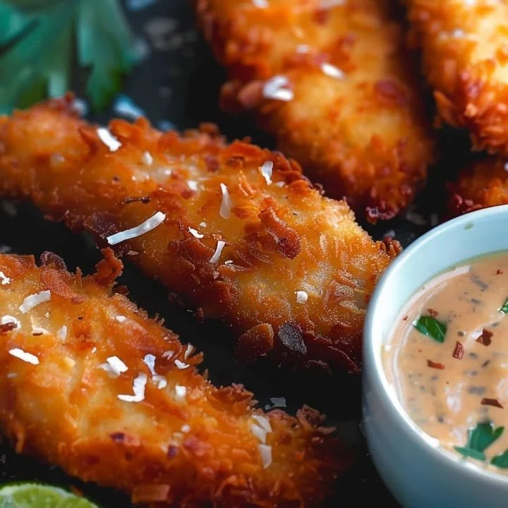 Crispy Coconut Chicken Tenders on a plate with dipping sauce