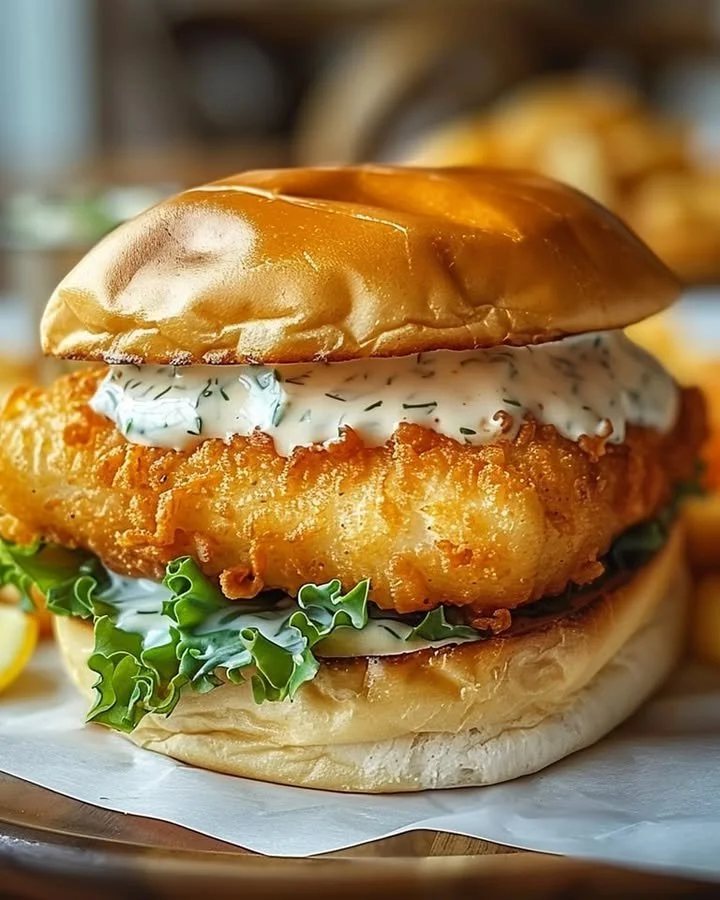 Crispy fried cod sandwich with fresh toppings and zesty sauce