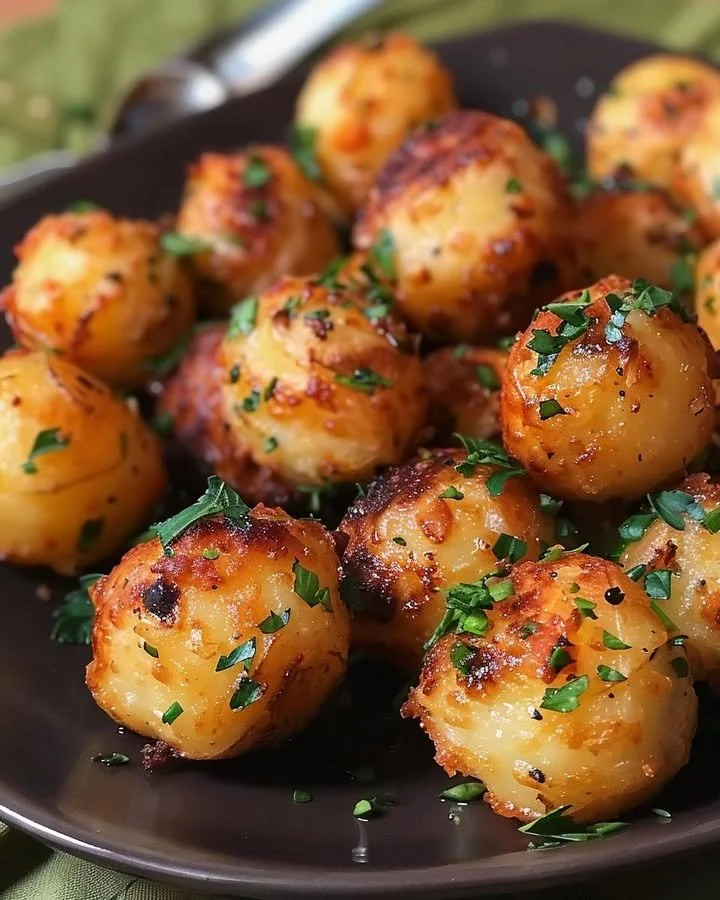 Crispy garlic potato pops served on a plate garnished with herbs