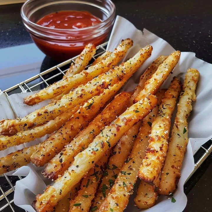 Crispy golden Parmesan potato fries served in a bowl