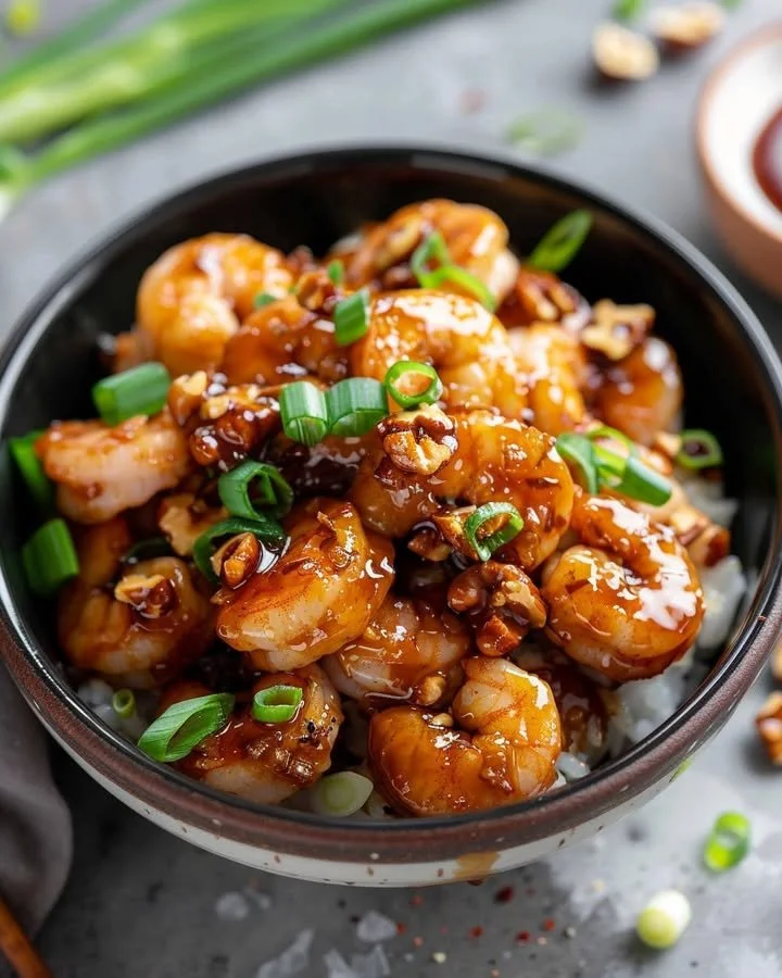 Plate of crispy honey-glazed shrimp with candied walnuts garnished for a delicious seafood dish