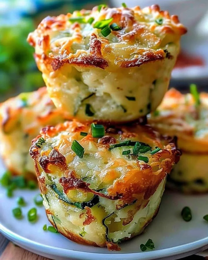 Crispy Parmesan Zucchini Muffins on a wooden tabletop with herbs