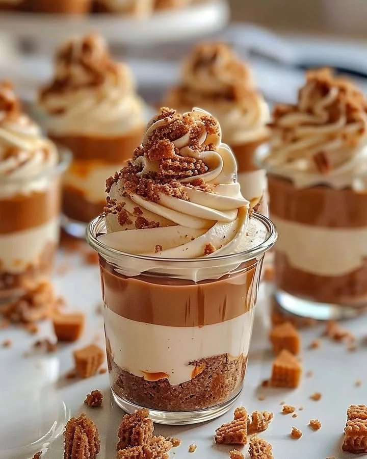 Decadent Biscoff layered cheesecake cups topped with cookie crumbs