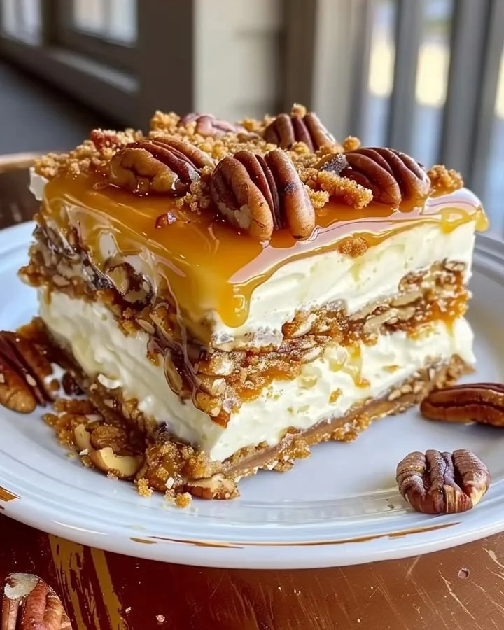 Decadent pecan pie lasagna featuring cream cheese and caramel layers