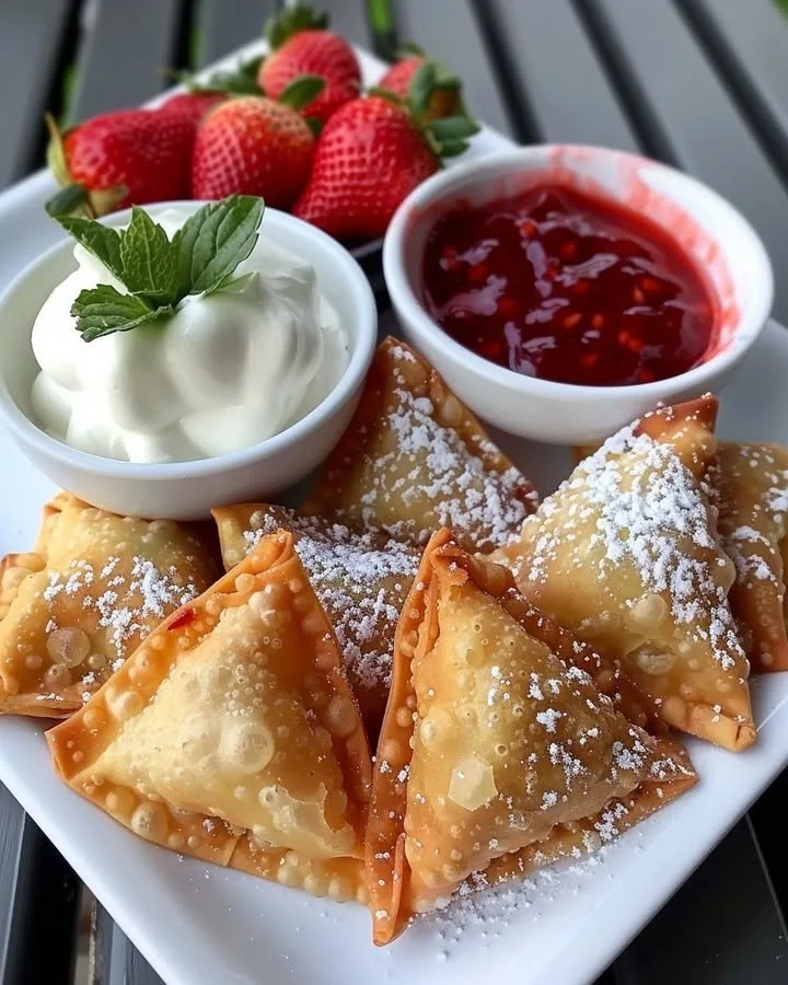 Deep-fried strawberry cheesecake stuffed wonton bites served on a plate