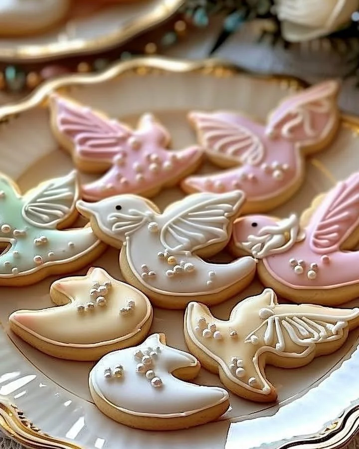 Delicious Dove sugar cookies on a white plate, perfect for sharing.
