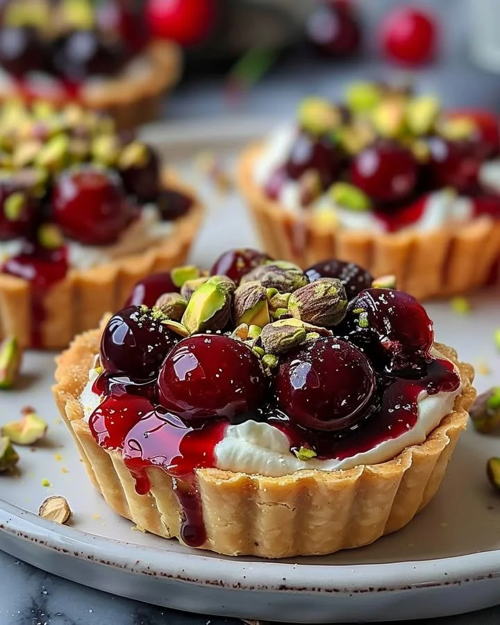 Elegant Cherry Pistachio Tartlets beautifully arranged on a platter