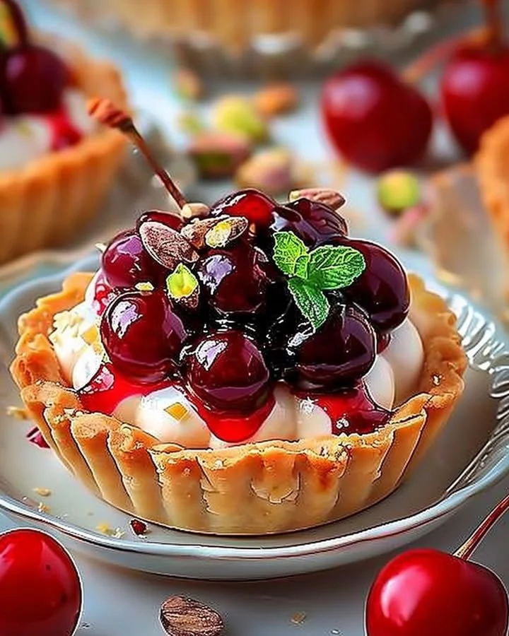 Elegant Cherry Pistachio Tartlets with vibrant cherries and crushed pistachios.