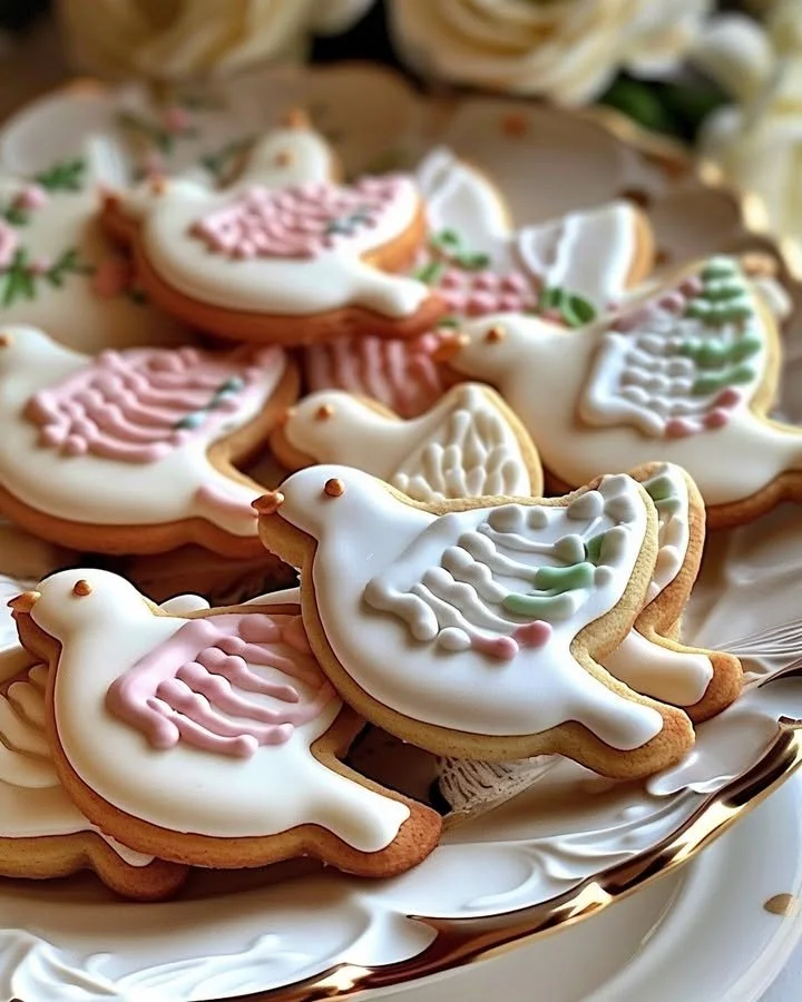 Elegant dove-shaped sugar cookies decorated with royal icing for a beautiful treat.