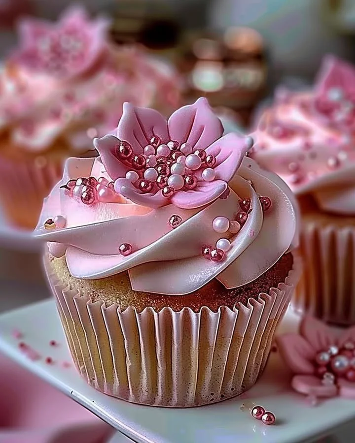 Elegant pink buttercream cupcakes topped with decorative sprinkles
