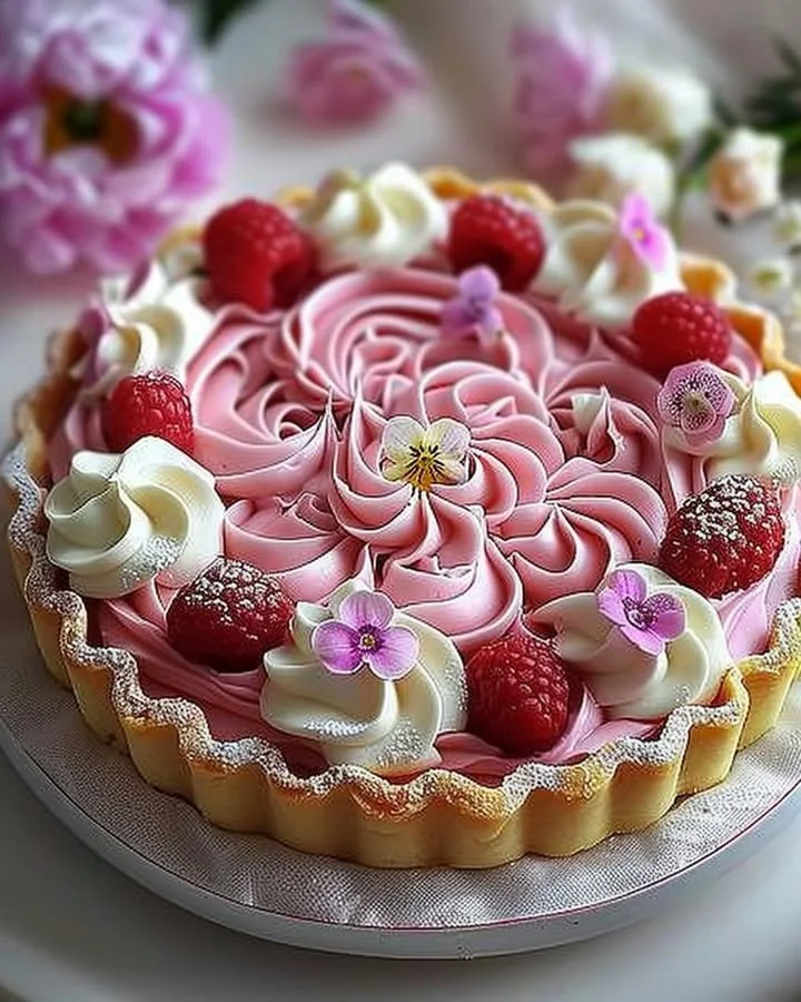 Elegant pink flower tart with fresh blossoms and creamy filling