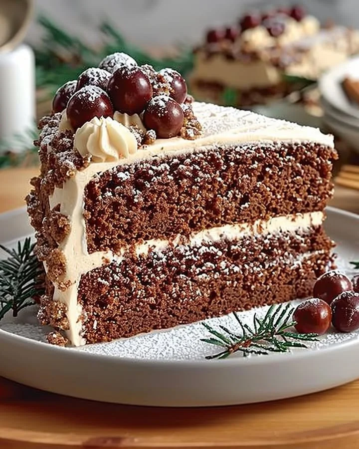 Delicious festive gingerbread cake decorated with icing and spices
