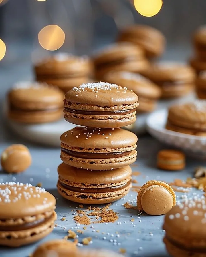 Festive gingerbread macarons with spiced caramel drizzle on a decorative plate.