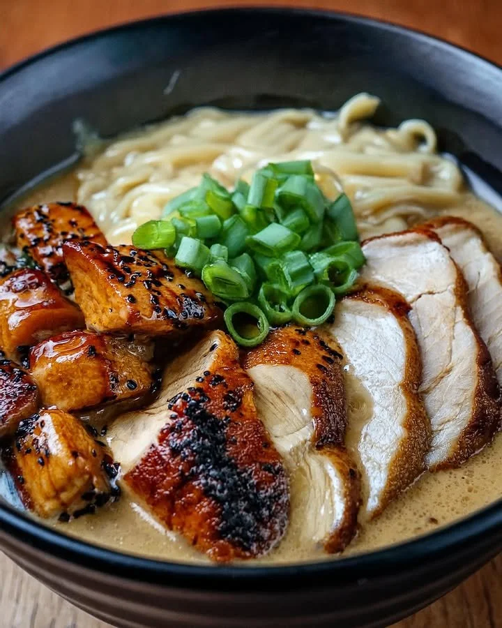 Bowl of fiery chicken ramen with creamy garlic sauce garnished with herbs